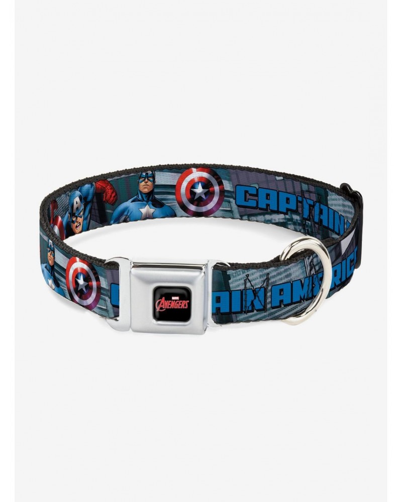 Marvel Captain America Avengers Logo Cityscape Seatbelt Buckle Dog Collar $11.70 Pet Collars