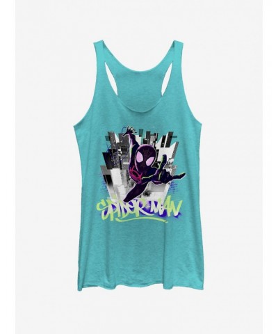 Marvel Spider-Man: Into The Spider-Verse Brooklyn Graffiti Tahiti Blue Girls Tank Top $7.04 Tops